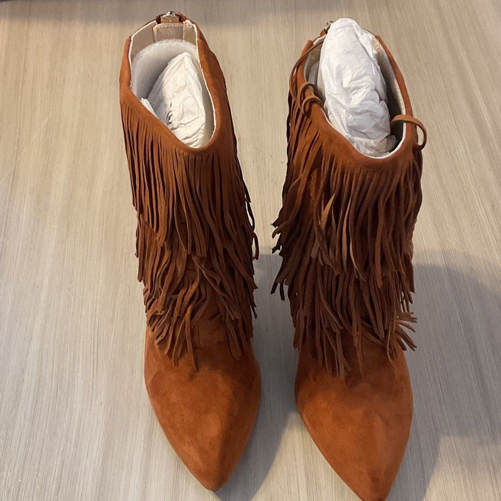 Fringe Suede Heeled Boots - Tan